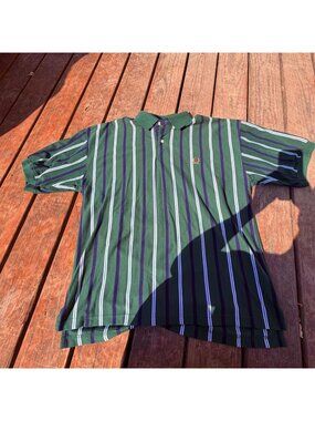Tommy Hilfiger Mens Striped Polo Shirt Green & Navy XL 100% Cotton Crest Logo